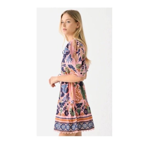 FARM RIO Seashell Tapestry Pink Mini Dress XL Organic Cotton Puff Sleeves Tassel - Picture 3 of 14